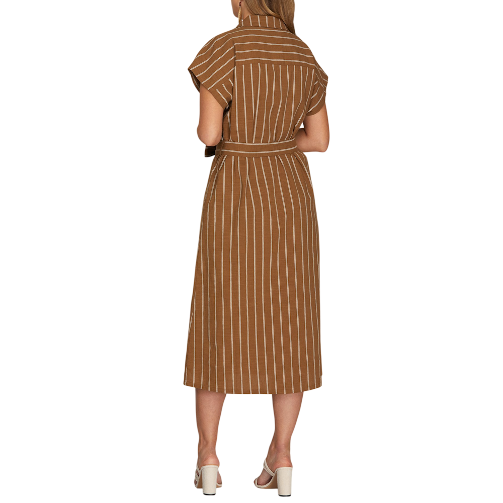 Woman in a brown and white striped midi shirt dress with a waist tie, viewed from behind.