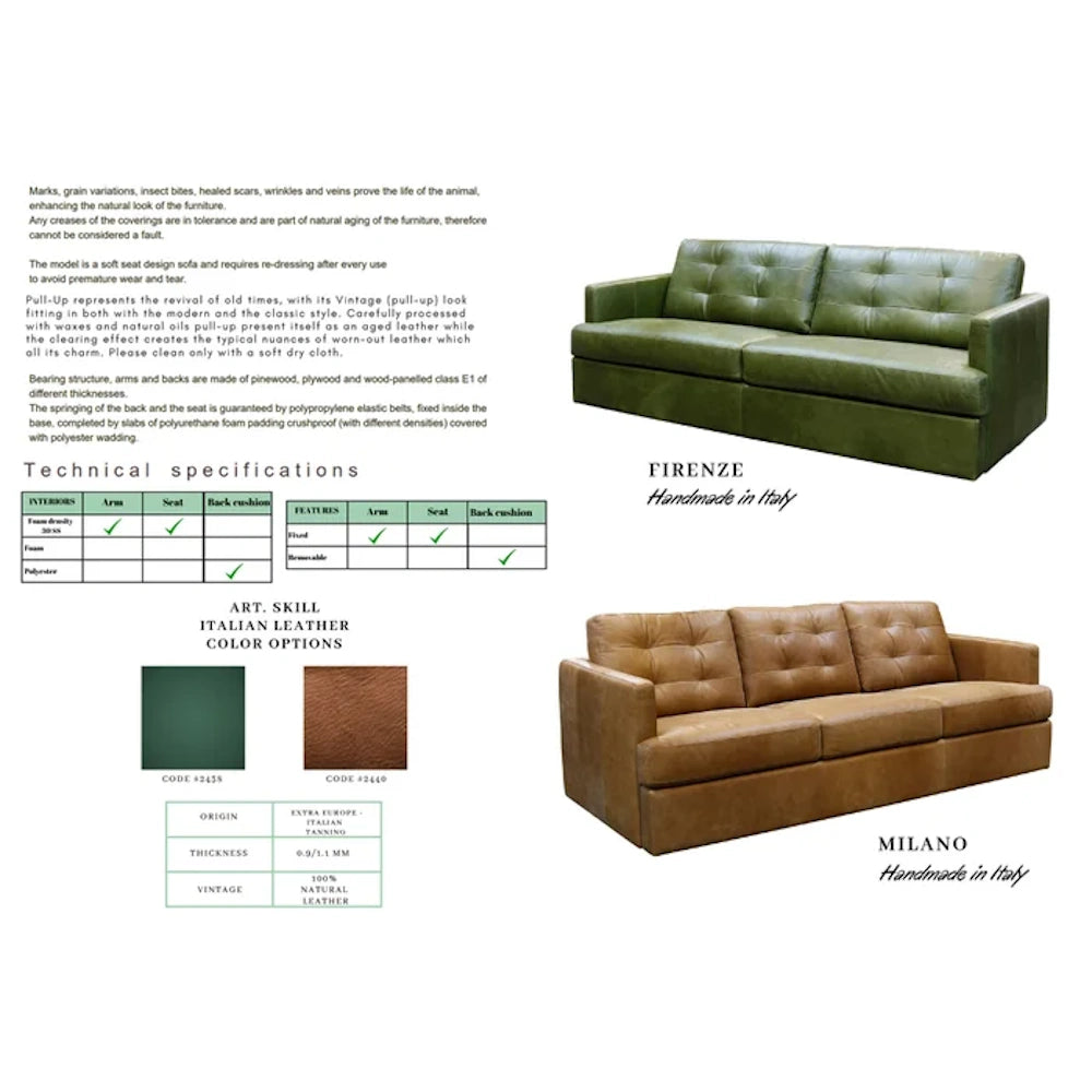 Technical specifications sheet for handmade Italian leather sofas with material details, color options and models shown.