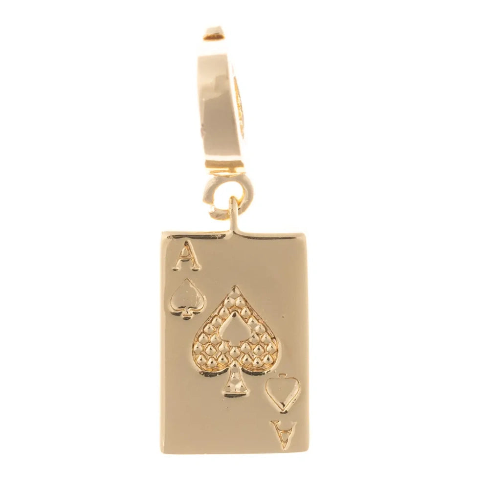 Gold Ace of Spades playing card pendant charm with textured center detail on a white background.