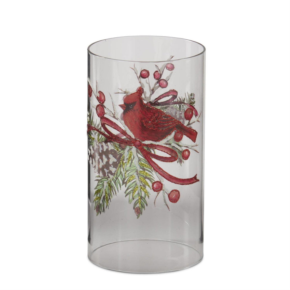 Glass candle slip cover featuring a cardinal, pinecone, and berries.