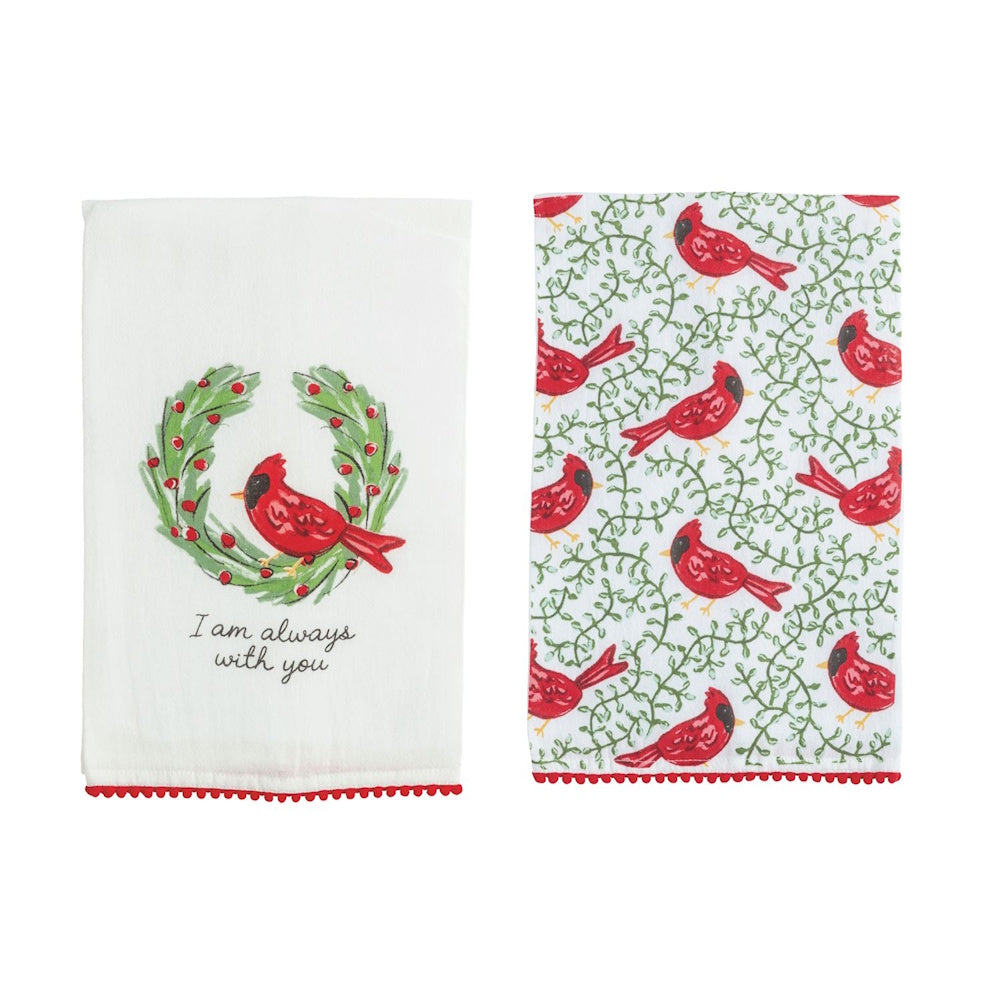 Set of 2 kitchen towels featuring red cardinals, a berry wreath, and text reading "I am always with you".