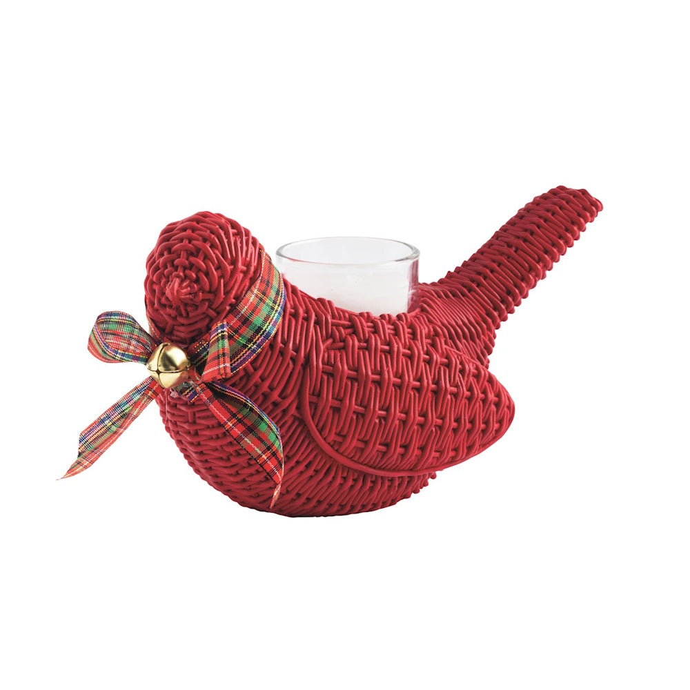 Red woven wicker cardinal votive holder with a plaid bow, jingle bell, and glass candle insert.