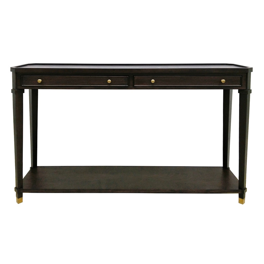 Dark wood console table with two drawers, brass knobs, and a bottom shelf on a white background.