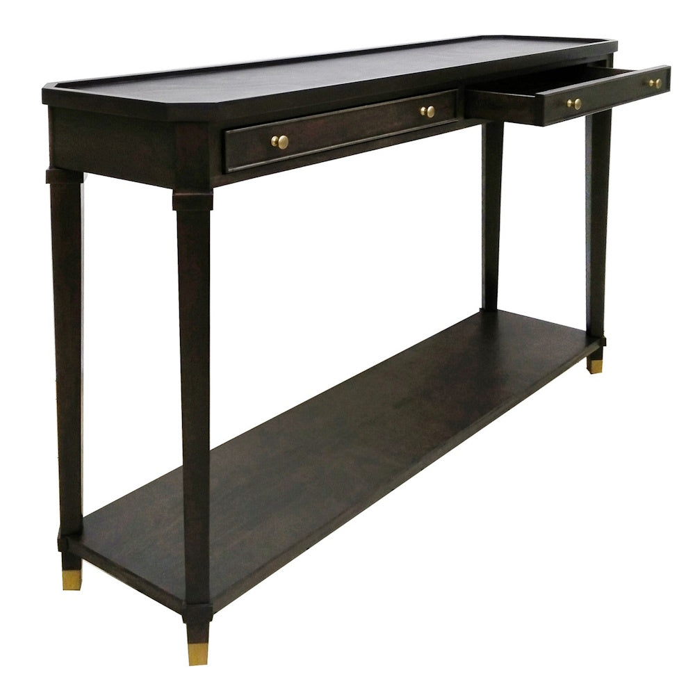 Dark wood console table with two drawers, brass knobs, and a bottom shelf for entryway or hallway storage.