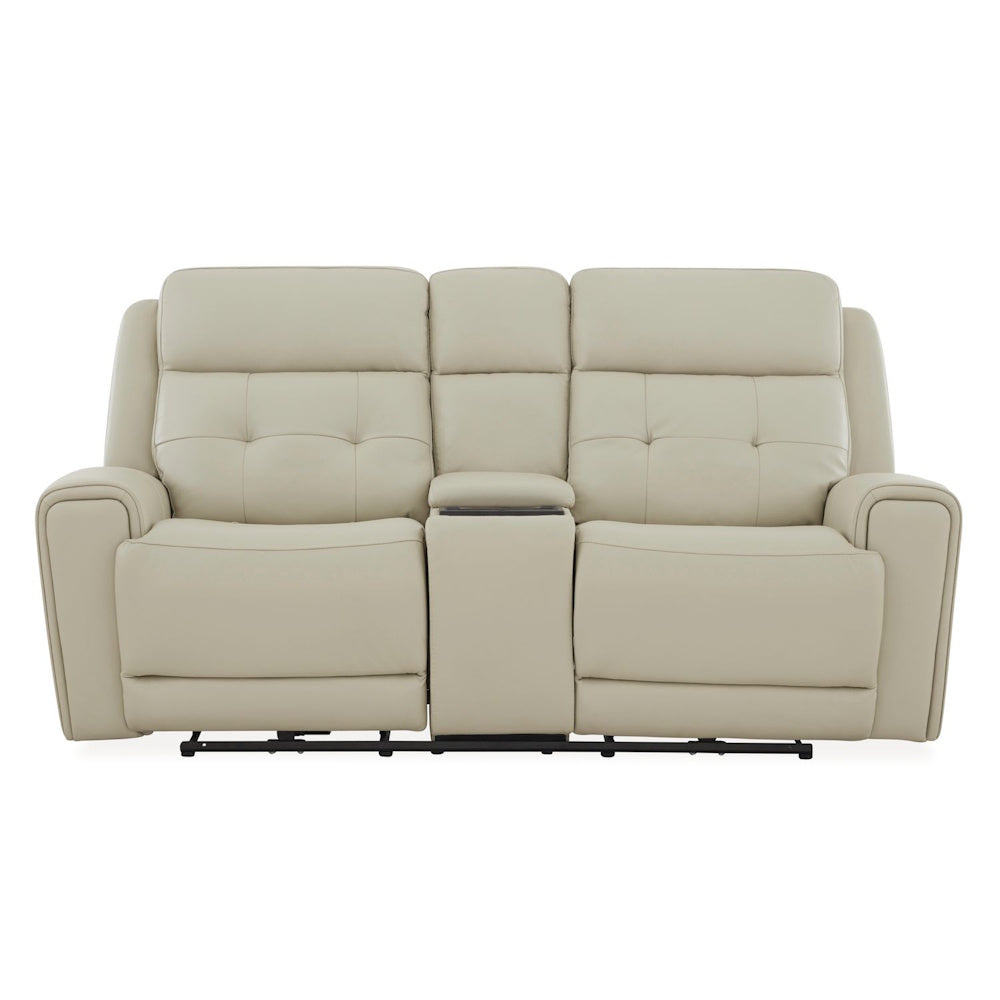 Front view of cream leather power reclining loveseat with center console, tufted back cushions and padded arms.