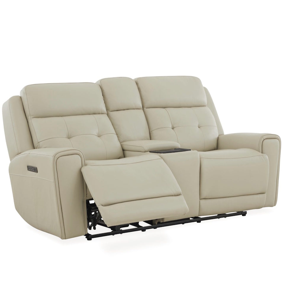 Cream leather power reclining loveseat with center console, wireless charging pad and extended footrest recliner seat.