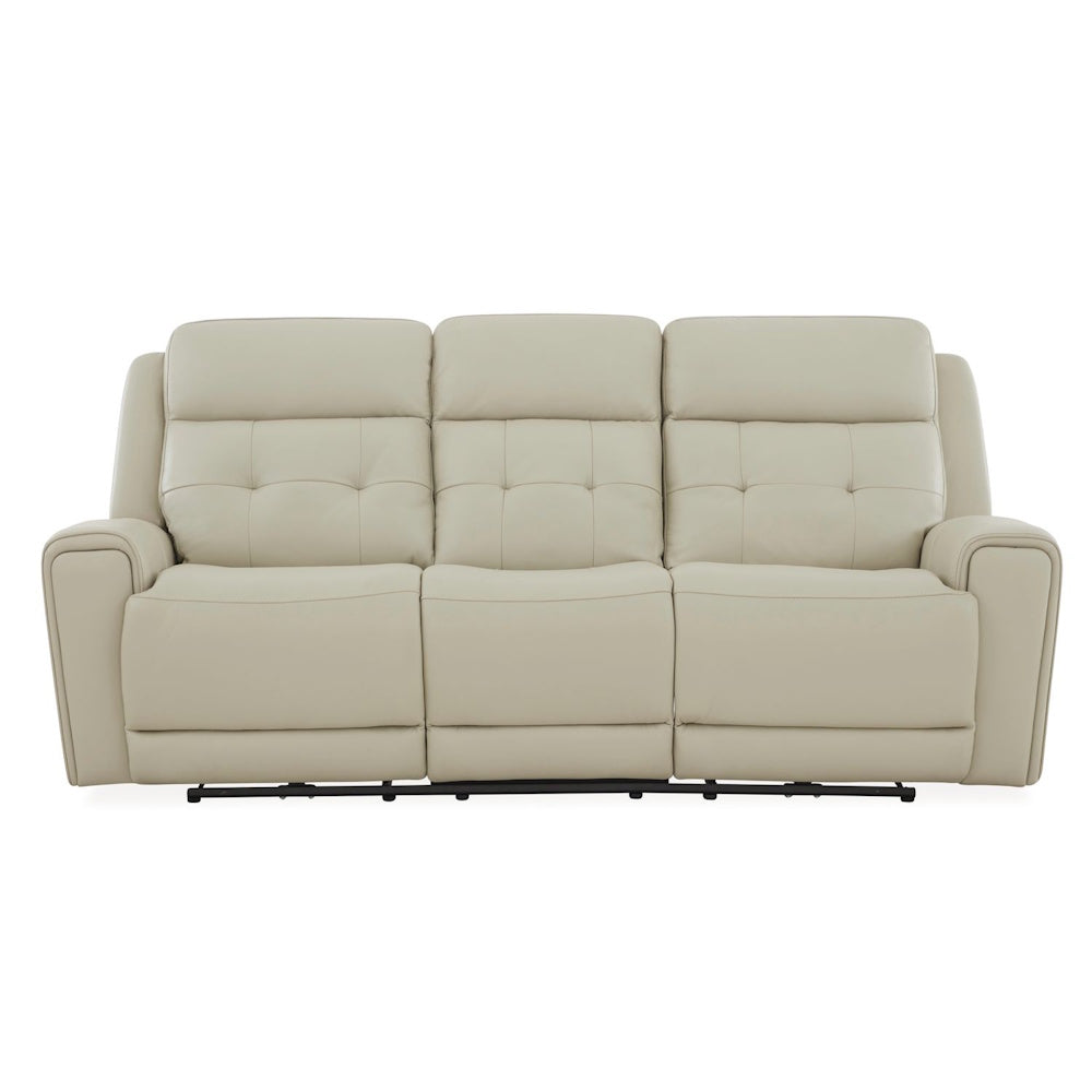 Cream leather power reclining sofa with tufted back cushions, padded arms and three seat comfort design.