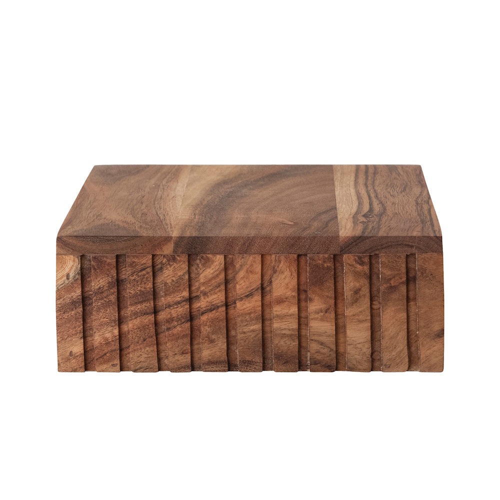 A rectangular wooden platform with a smooth top and vertically grooved sides on white background.