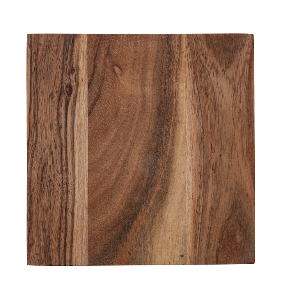 Top-down view of a square, carved mango wood platform cheese serving board showcasing natural grain.