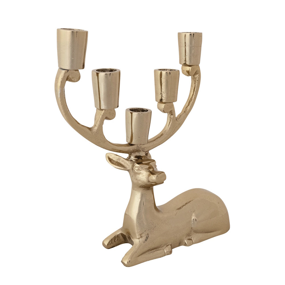 Gold cast aluminum deer candelabra viewed from the side, showing five candle holders on antlers.