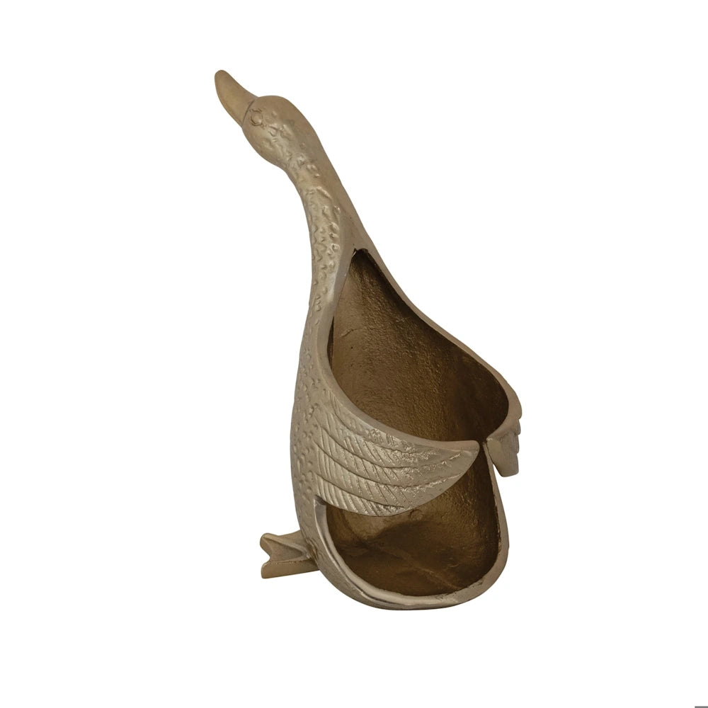 Back view of a gold duck-shaped bottle holder showing the inner hollow cradle for securing a bottle.