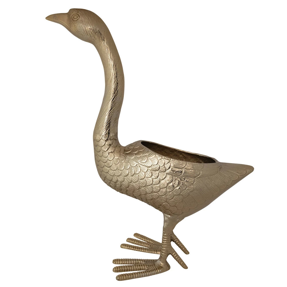 Vintage brass-finished cast aluminum goose-shaped planter with detailed feather textures on a white background.