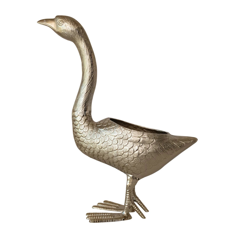 Vintage-style silver cast aluminum goose planter with textured feather details and long neck on a white background.