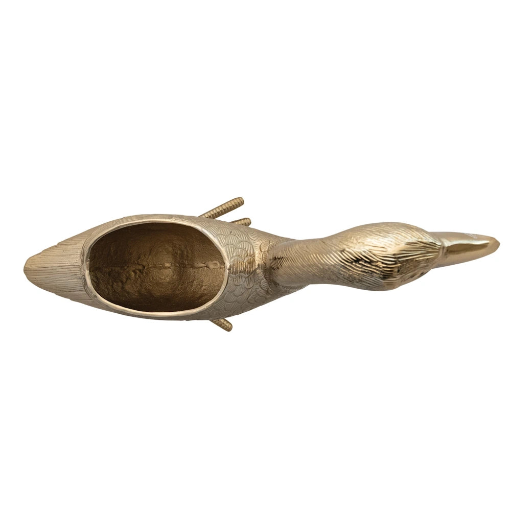 Top-down view of a vintage gold cast aluminum goose-shaped planter or container with a textured finish on a white background.