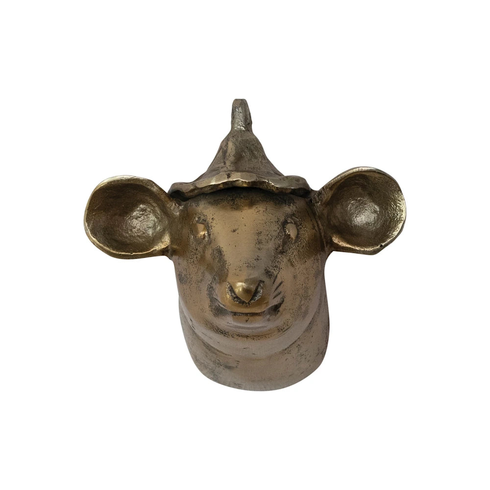 Cast aluminum mouse head with hat wall decor in a bronze finish, isolated on a white background.
