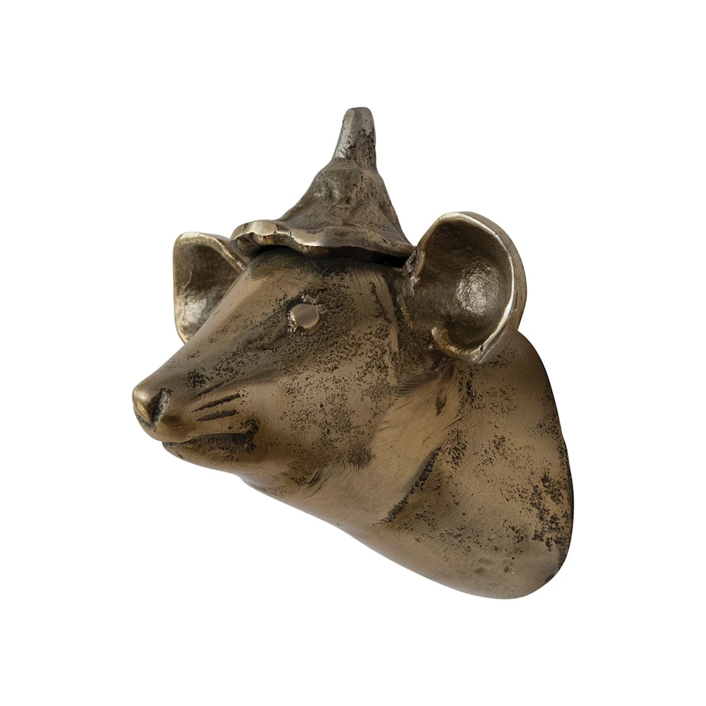 Side profile of a cast aluminum mouse head with hat wall decor in a bronze finish on a white background.