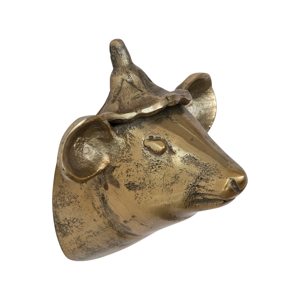 Vintage brass cast aluminum mouse head with hat wall decor, right-facing side profile, on a white background.
