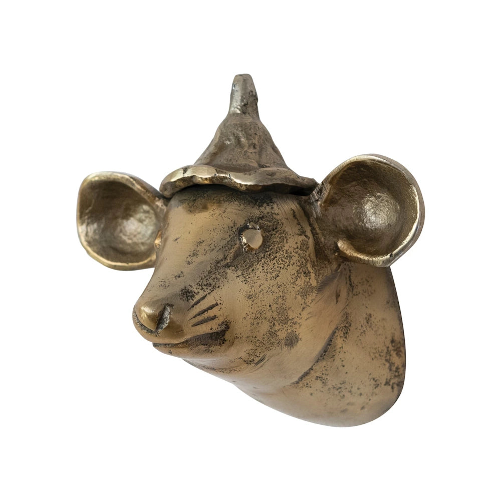 Cast aluminum mouse head with hat wall decor in a vintage brass finish, isolated on a white background.