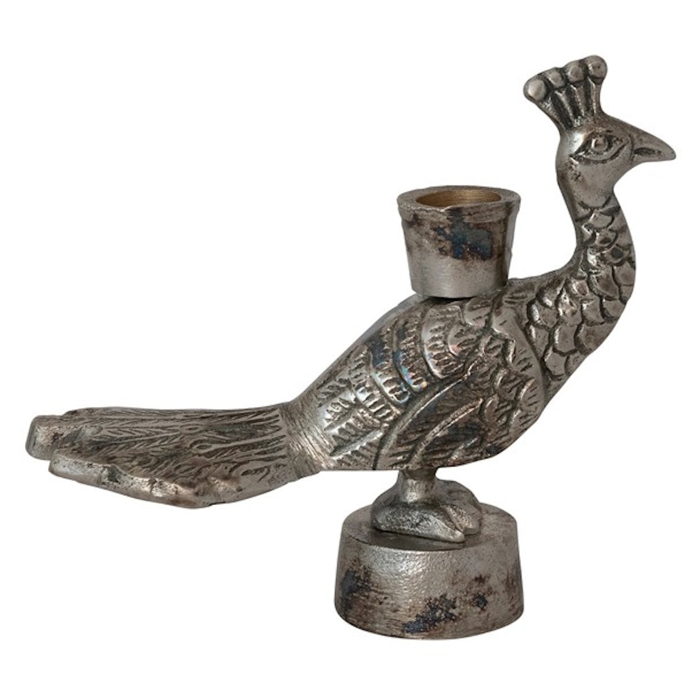 Cast aluminum peacock-shaped taper candle holder with a textured silver finish and a small circular base.