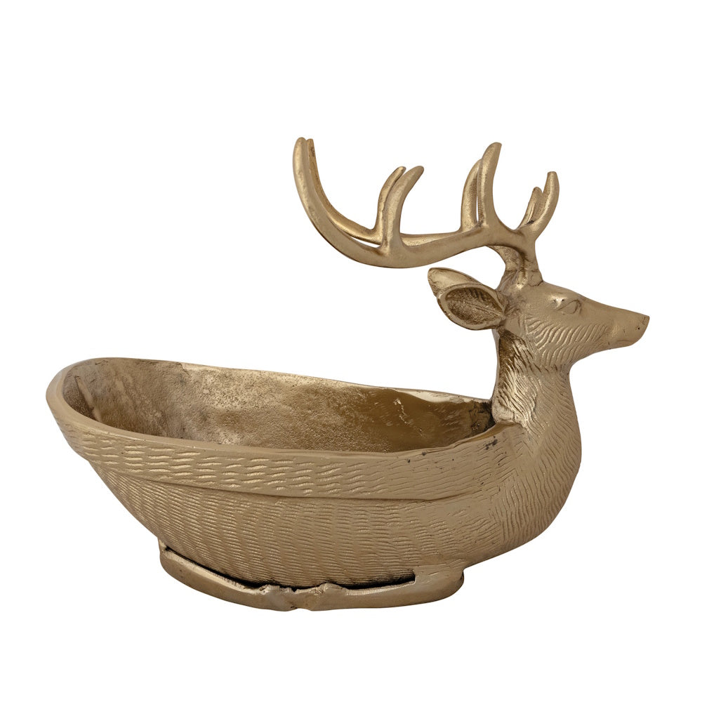 A gold cast aluminum reindeer-shaped bowl.