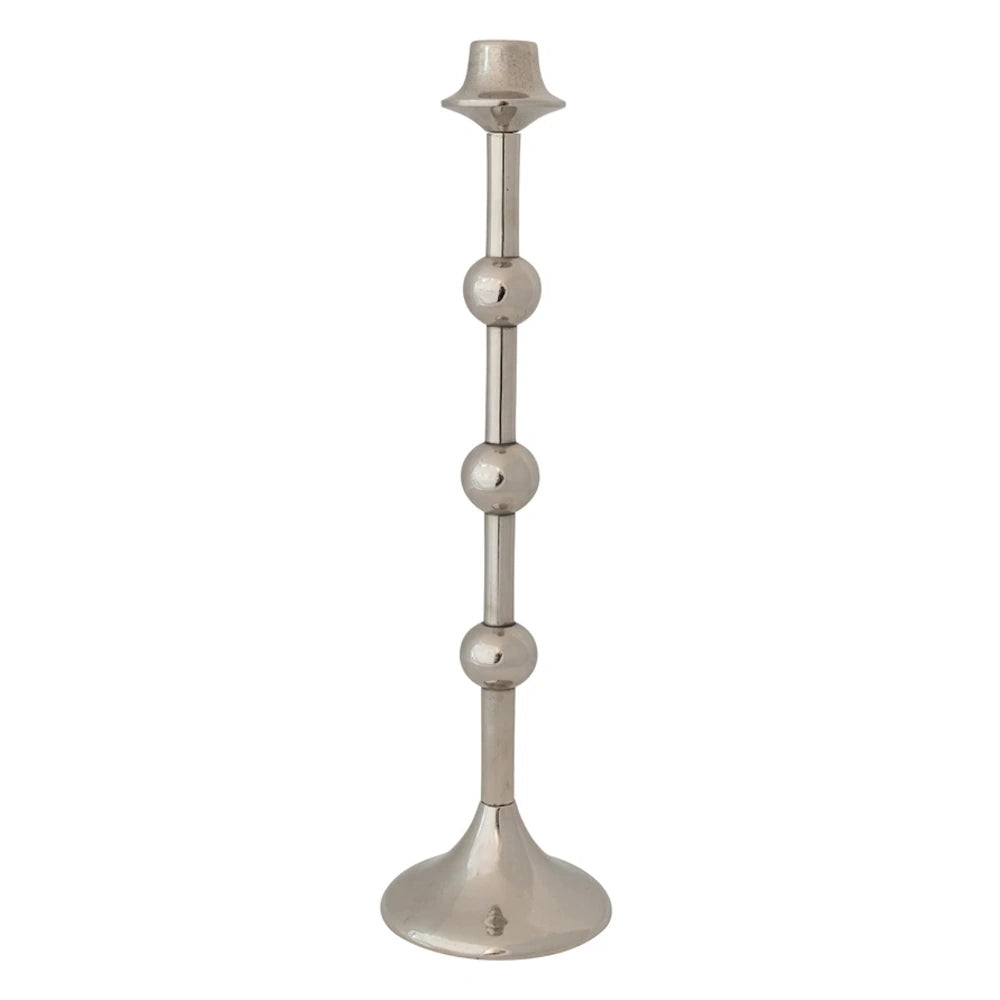 Tall, silver cast aluminum taper candle holder featuring three spherical accents on a slim, modern neck.