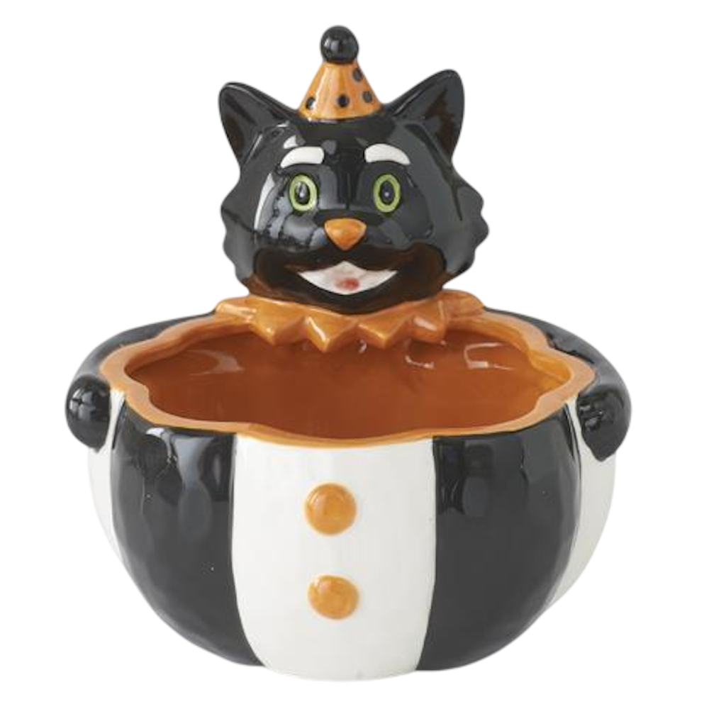 Ceramic Halloween black cat clown bowl with black and white stripes and an orange party hat.