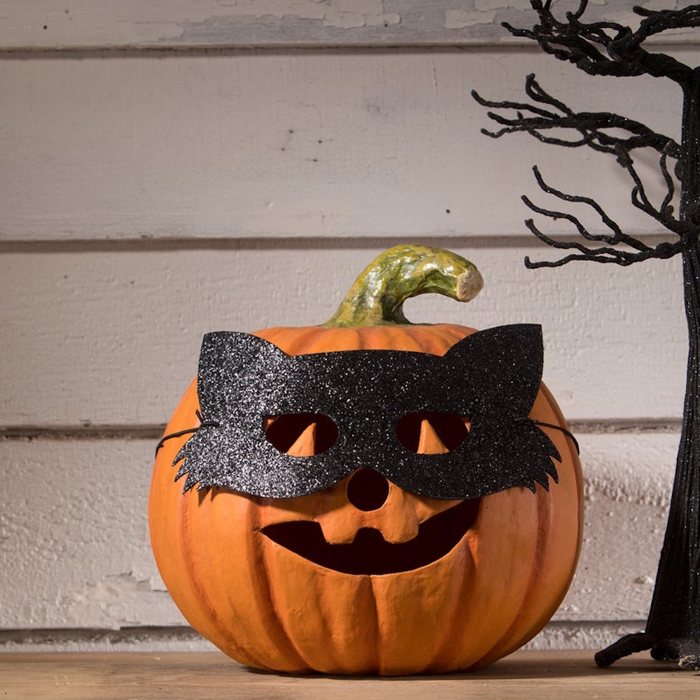 Front view of a smiling orange pumpkin wearing a black glittery cat mask next to a black tree stem.