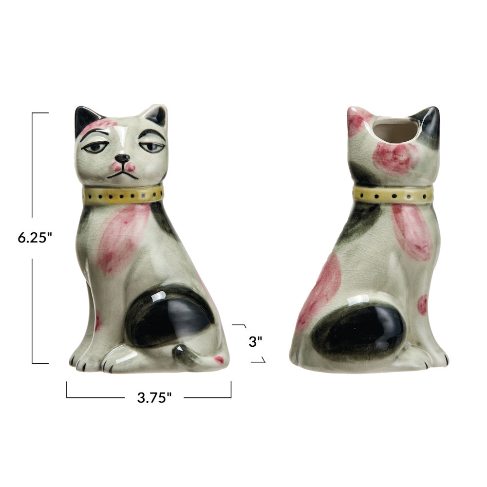 Two ceramic cat-shaped planters shown from front and back views with height, width, and depth dimensions.