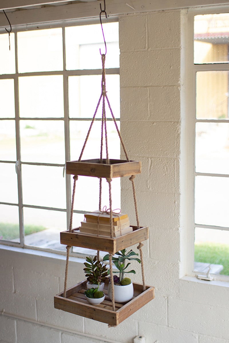 Hanging Three Tiered Square Recycled Wood Display