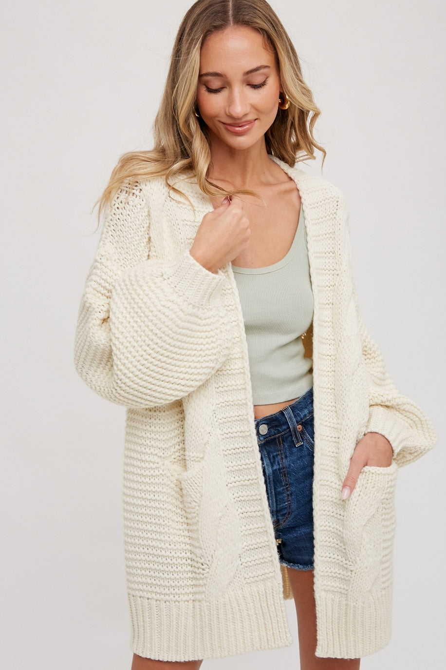 Chunky Cable Lantern Sleeve Cardigan — alternate view 7