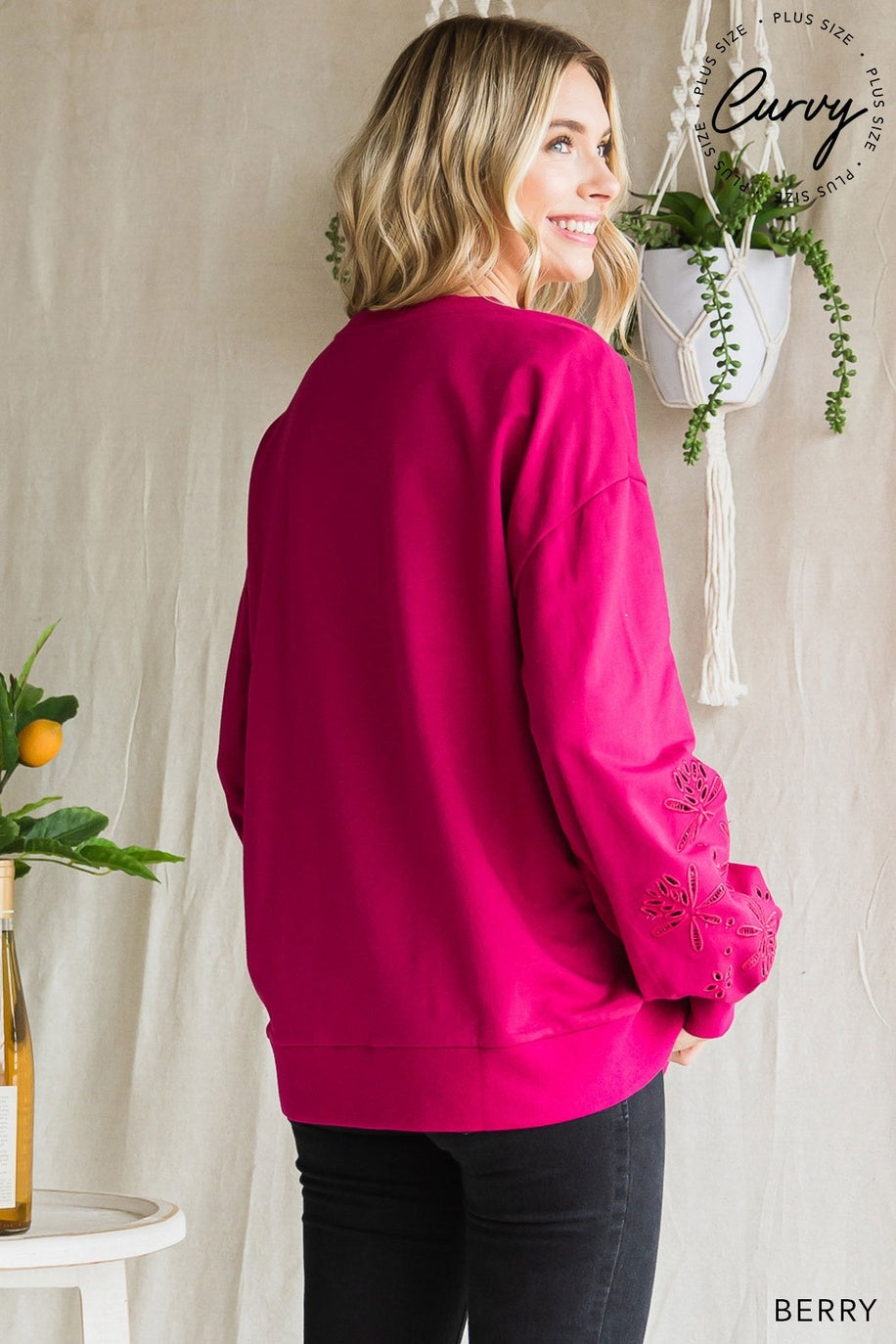 Women's Embroidery Sleeve Cotton Terry Pullover Berry — alternate view 3