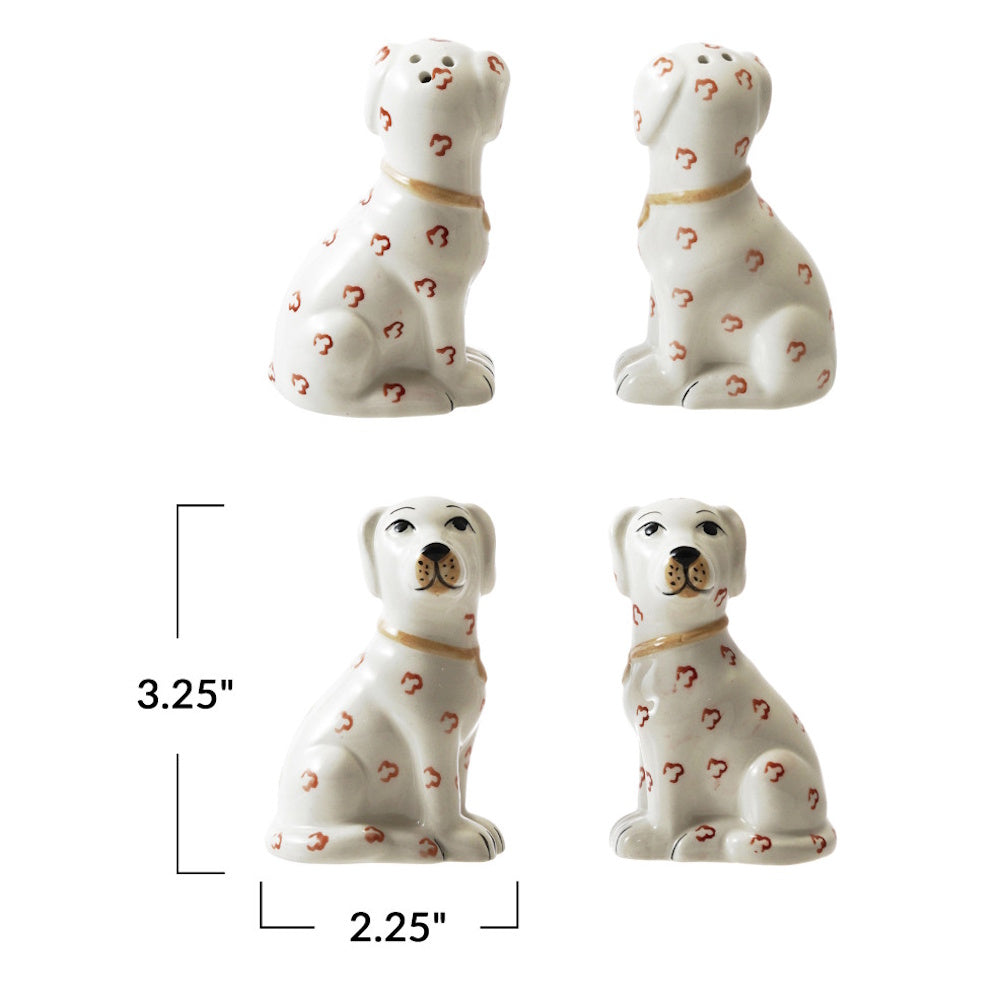 Ceramic dog-shaped salt and pepper shakers with red spots, showing 3.25 by 2.25 inch dimensions.