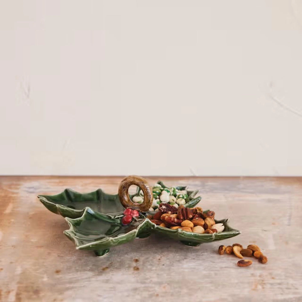 Green & Red Ceramic Holly Leaf Shaped Dish
