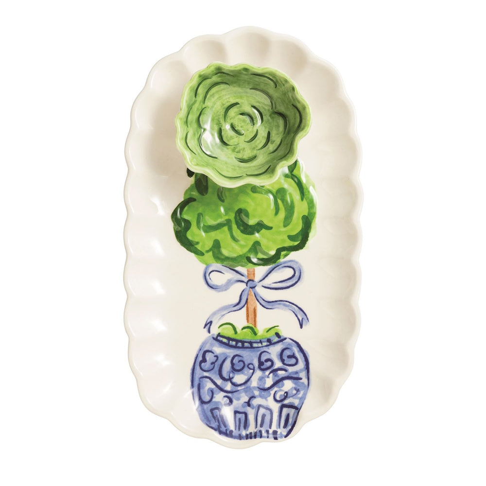 Ceramic topiary tidbit tray and small green cabbage bowl set with blue and white chinoiserie planter design.