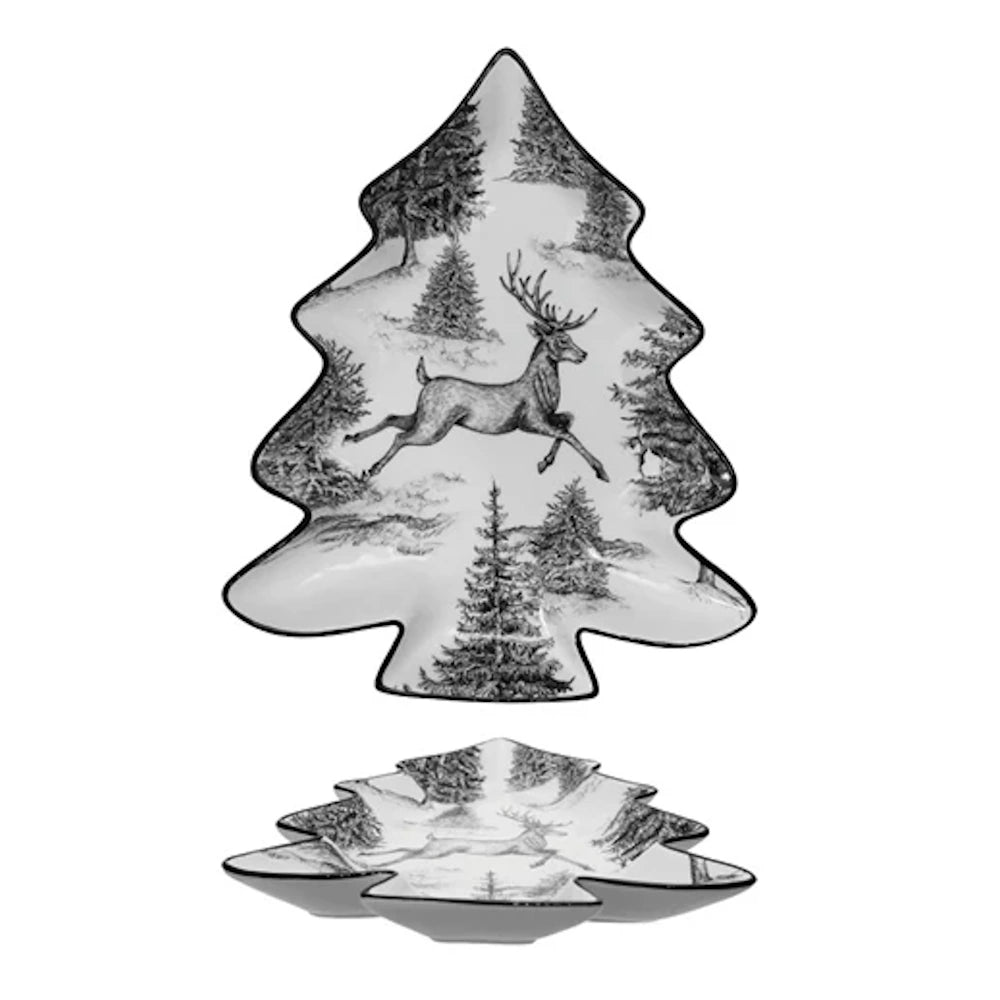 Ceramic Tree Shaped Plate with Woodland Deer Scene