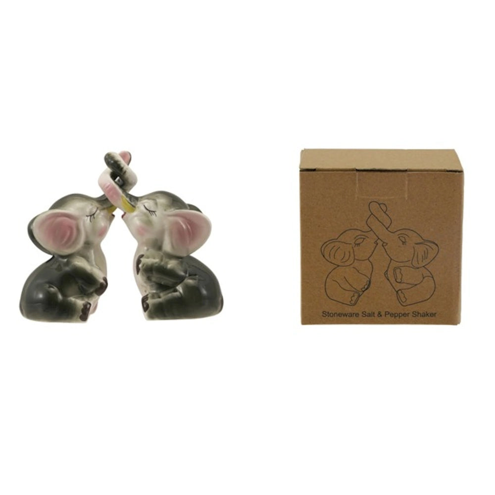 Vintage-style ceramic elephant salt and pepper shakers with interlocking trunks next to a brown gift box.