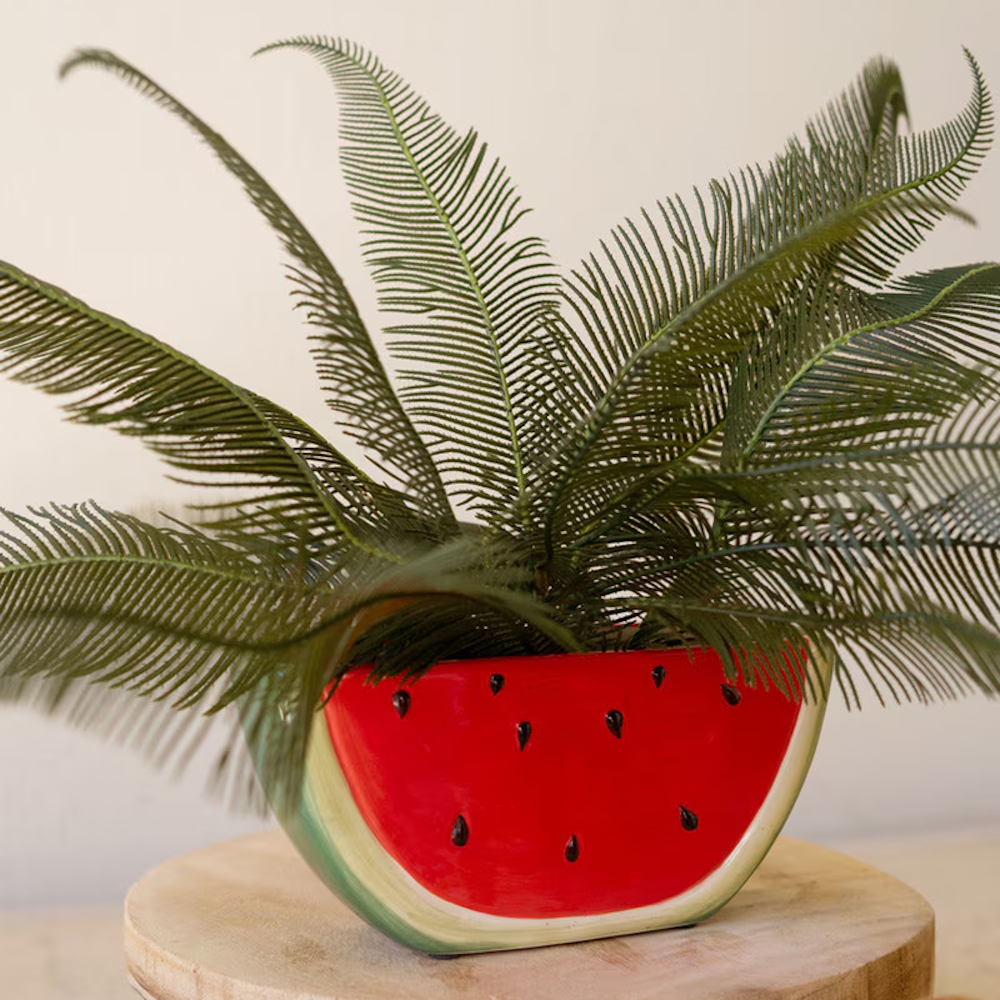 Ceramic watermelon wedge planter with black seeds holding a green fern plant on a wooden stand.