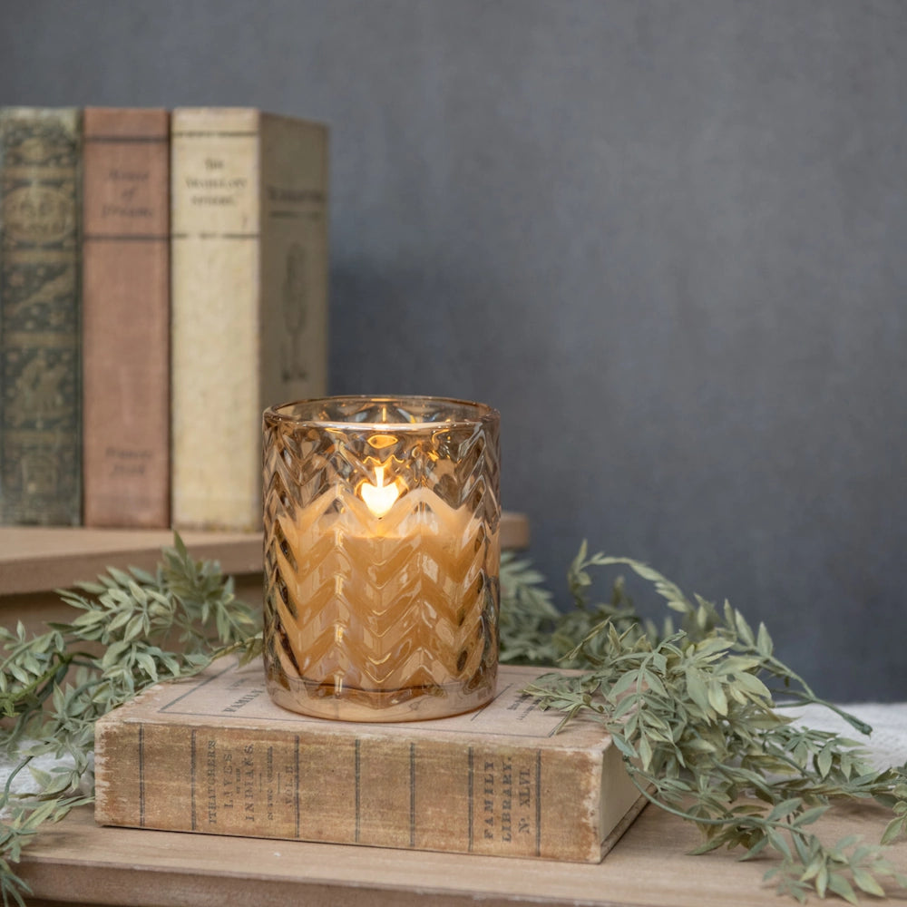 Large Champagne Chevron Glass 3D Flame Candle