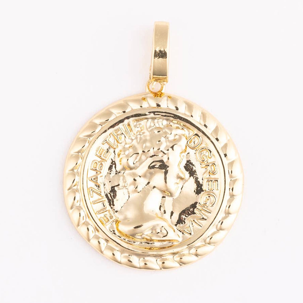 Gold Elizabeth II coin pendant with a twisted rope border on a white background.