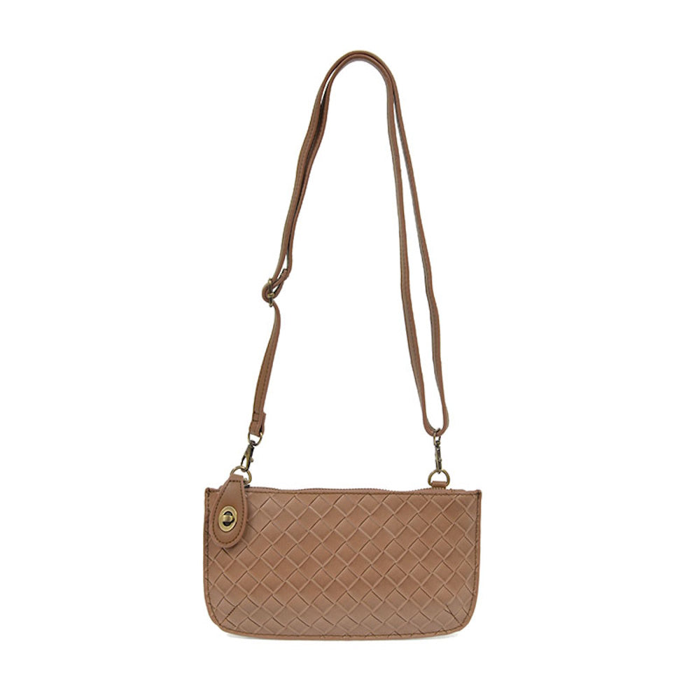 Chestnut brown faux leather woven mini crossbody bag with adjustable strap and gold-tone hardware.