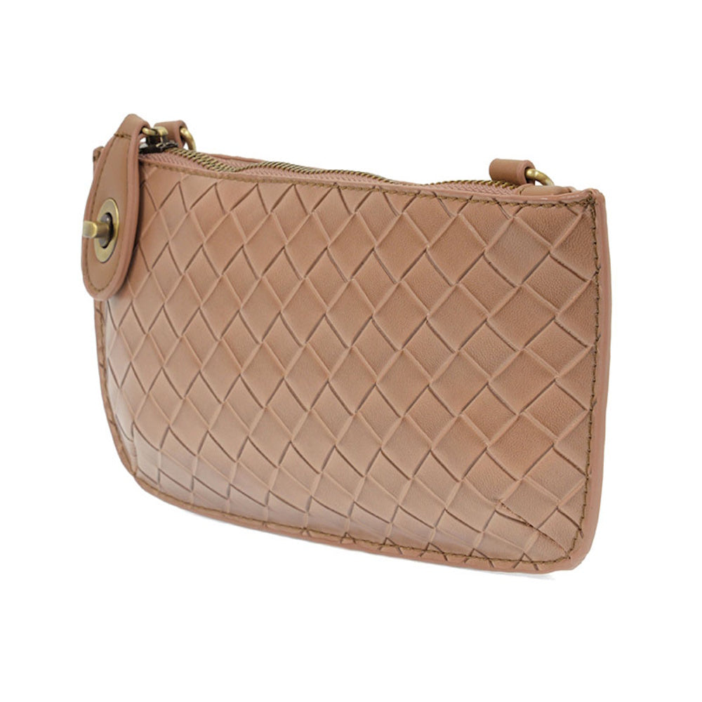 Chestnut brown faux leather woven mini crossbody clutch bag with zipper closure and gold-tone hardware on white background.