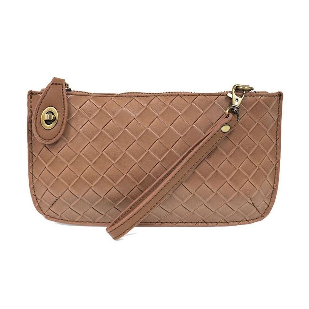 Chestnut brown woven faux leather mini crossbody clutch with a wristlet strap and gold-tone hardware on a white background.