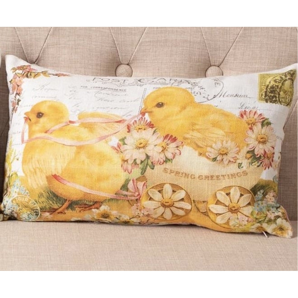Vintage postcard style pillow featuring two yellow chicks, flowers, and "Spring Greetings" text.
