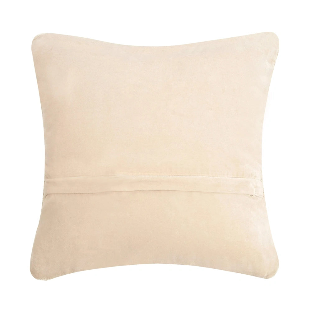 Cream velvet back of a decorative hook pillow featuring a hidden zipper closure on a white background.