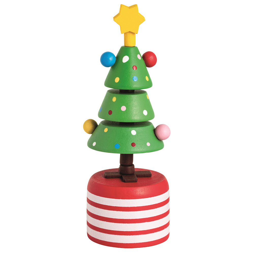 A wooden Christmas tree push-up toy with a yellow star on a red and white striped base.