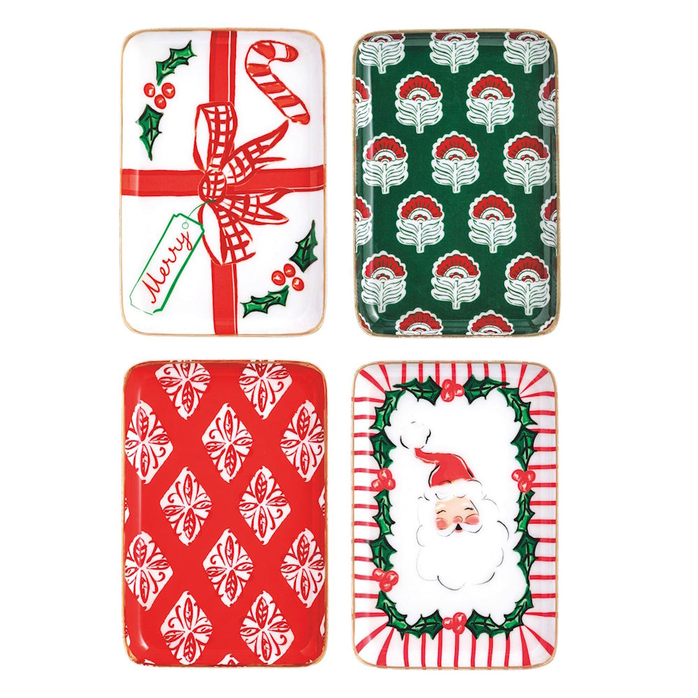 Set of four rectangular metal Christmas tidbit plates featuring gift-wrap, holiday patterns, and Santa designs.