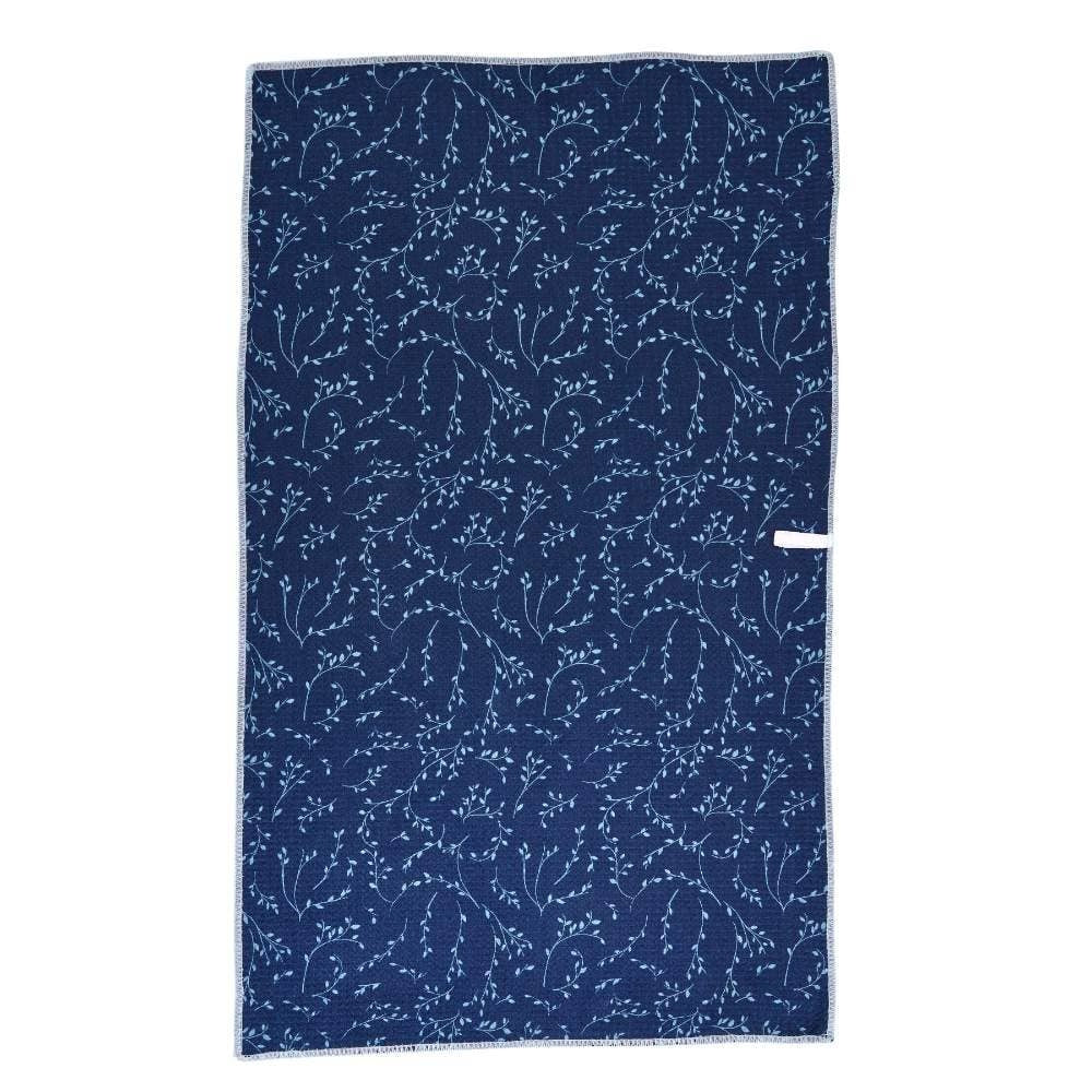 Back view of a navy blue eco-friendly kitchen tea towel featuring a delicate light blue botanical vine pattern.