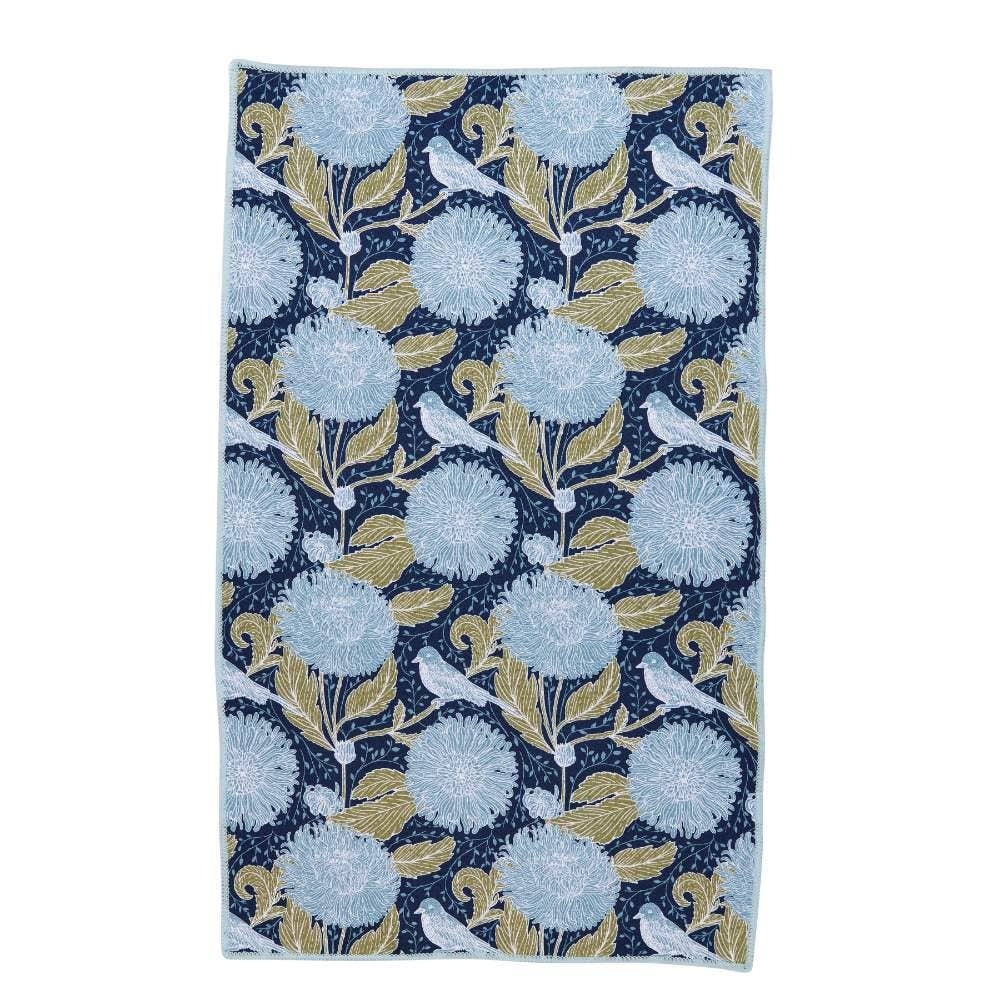 Eco-friendly kitchen tea towel featuring a blue chrysanthemum and bird floral pattern on a dark navy background.