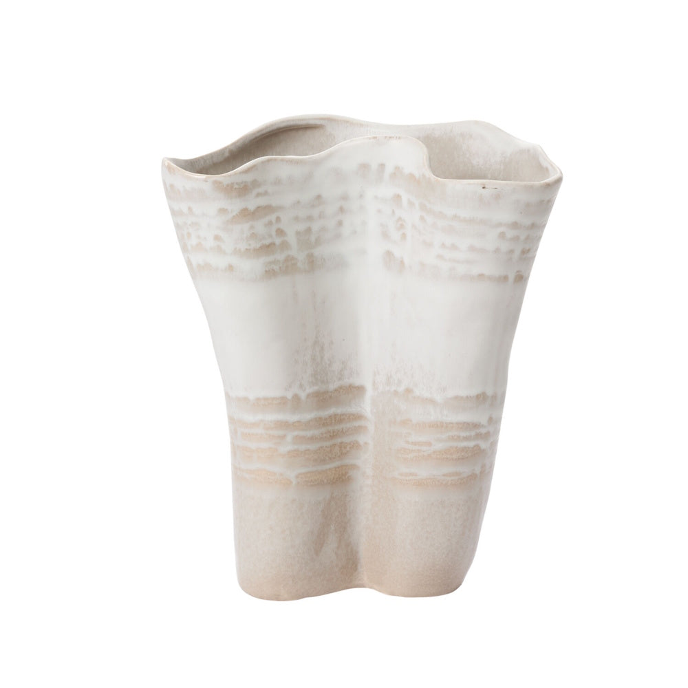 A wavy, ceramic white and beige vase with a textured, layered design and an organic, undulating rim.