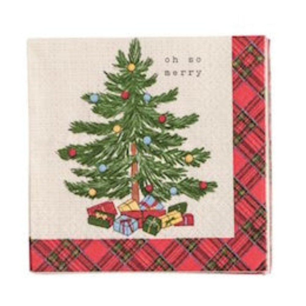 Square cocktail napkin featuring a decorated Christmas tree surrounded by wrapped presents, framed by a red plaid border, with the text "oh so merry."